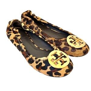 Tory Burch Reva Cow Hair Leopard Print Ballet Flats Sz 7.5 Shoes Sexy Mob Wife